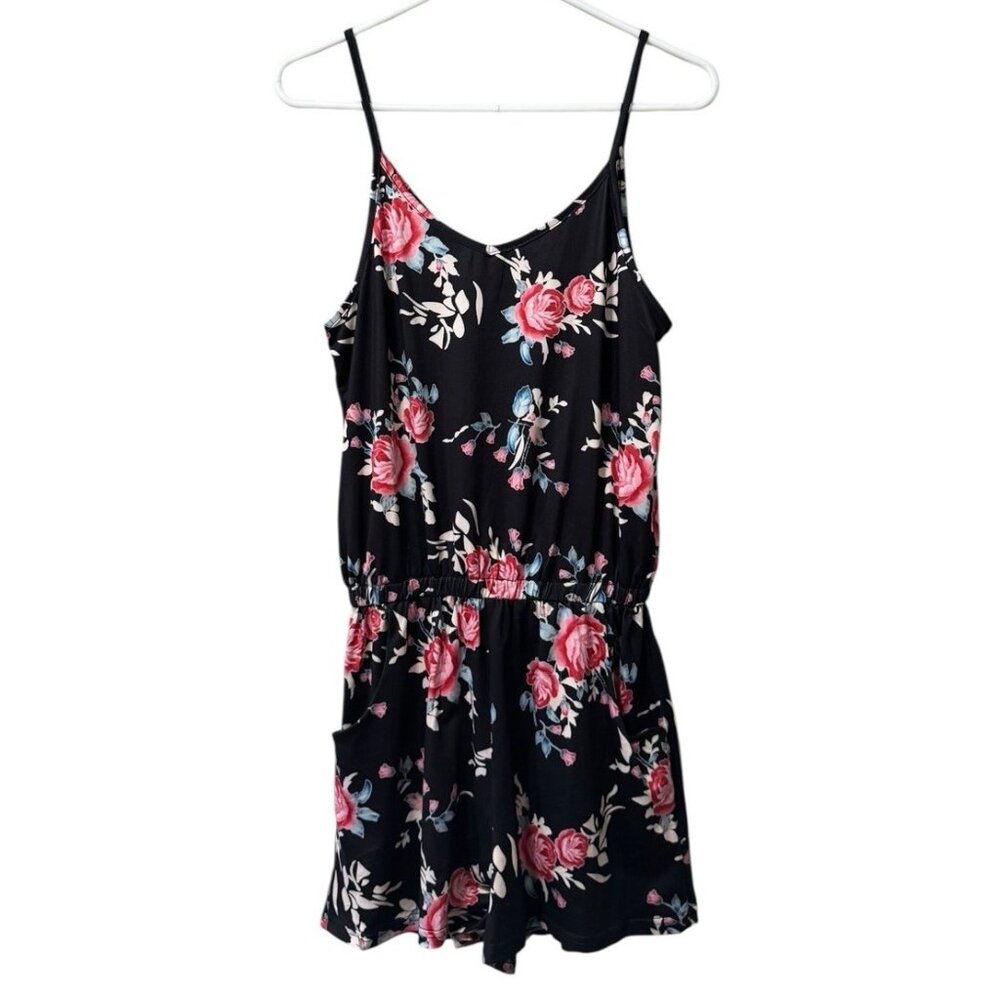 Reoria Women Size Small Black Floral Shorts Romper Pockets Cottagecore Stretch
